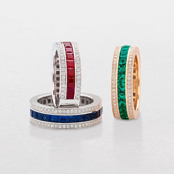 anelli in oro bianco o rosa, diamanti e pietre colore