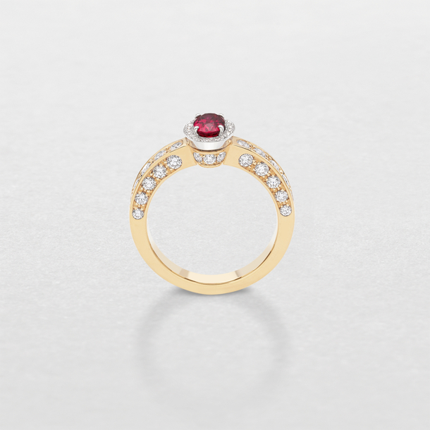 anello in oro bianco, rosa, diamanti e rubino