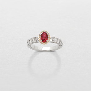 white and pink gold with diamonds and ruby ring