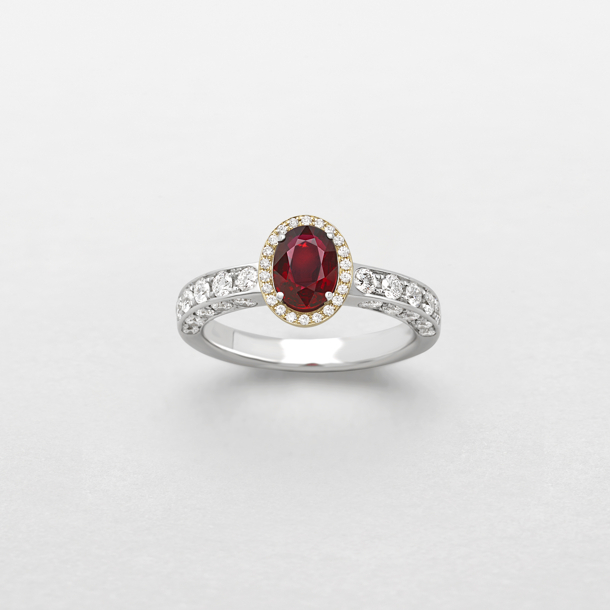 white and pink gold with diamonds and ruby ring