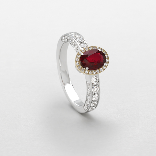 white and pink gold with diamonds and ruby ring