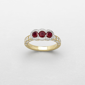 white and pink gold with diamonds and rubies ring