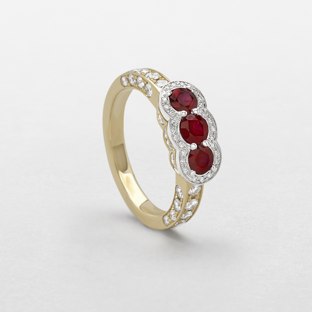 white and pink gold with diamonds and rubies ring