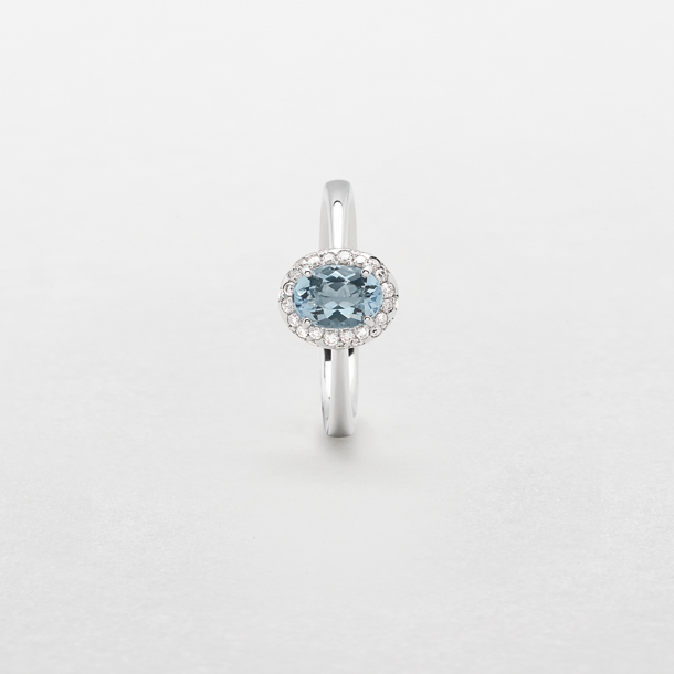 anello in oro bianco, diamanti e acquamarina