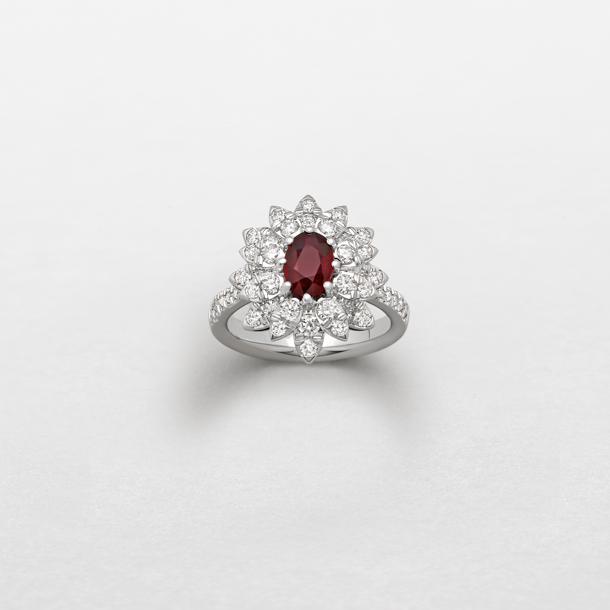 anello in oro bianco, diamanti e rubino