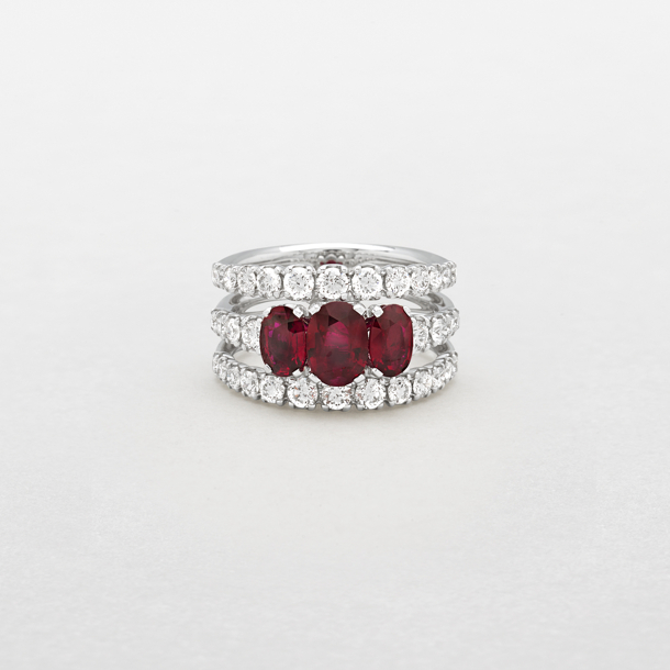 white gold with diamonds and rubies ring