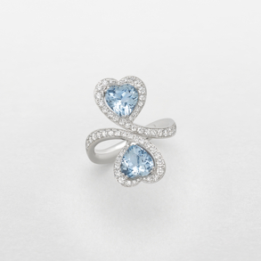 anello in oro bianco, diamanti e acquamarina