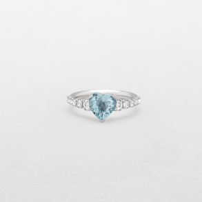 anello in oro bianco, diamanti e acquamarina