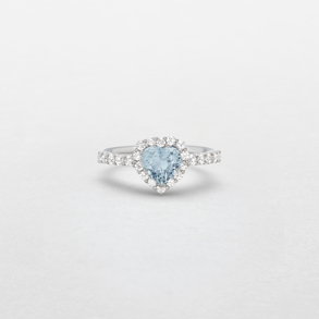 anello in oro bianco, diamanti e acquamarina