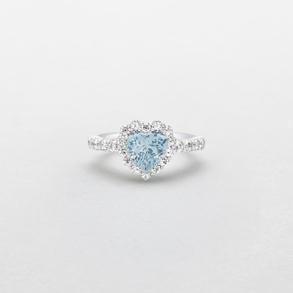 anello in oro bianco, diamanti e acquamarina