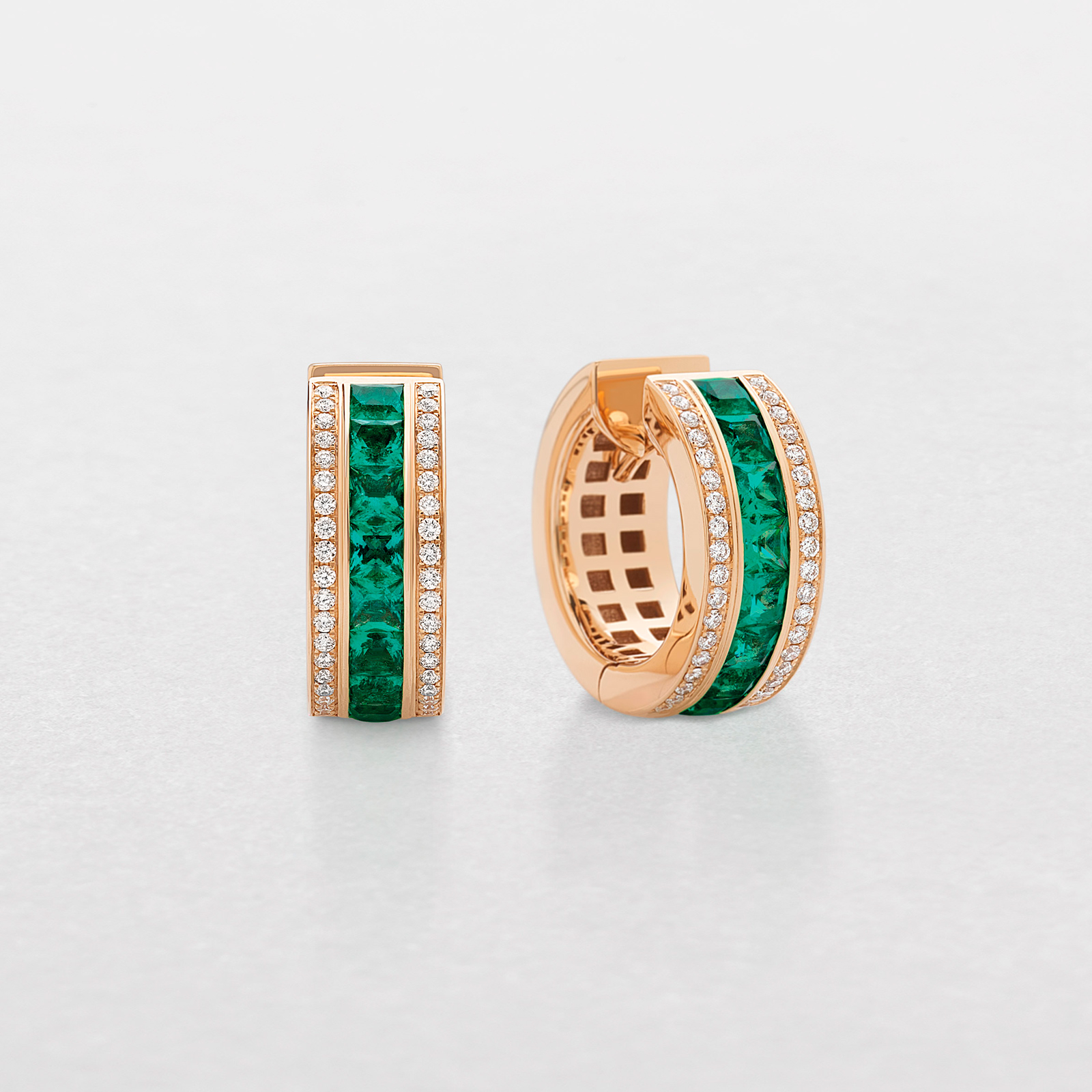 pink gold with diamonds and emeralds earrings
