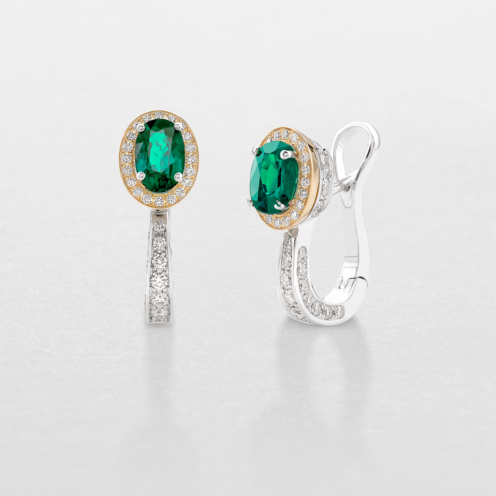 white and pink gold with diamonds and emeralds earrings