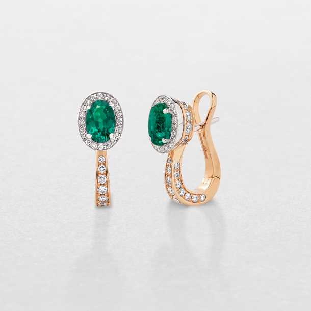 white and pink gold with diamonds and emeralds earrings