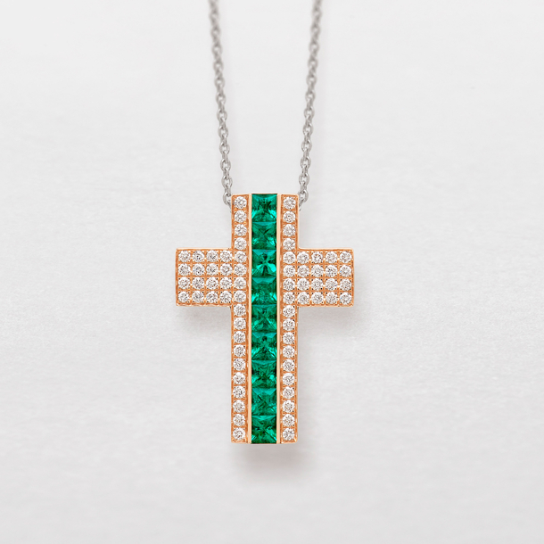 pink gold with diamonds and emeralds necklace