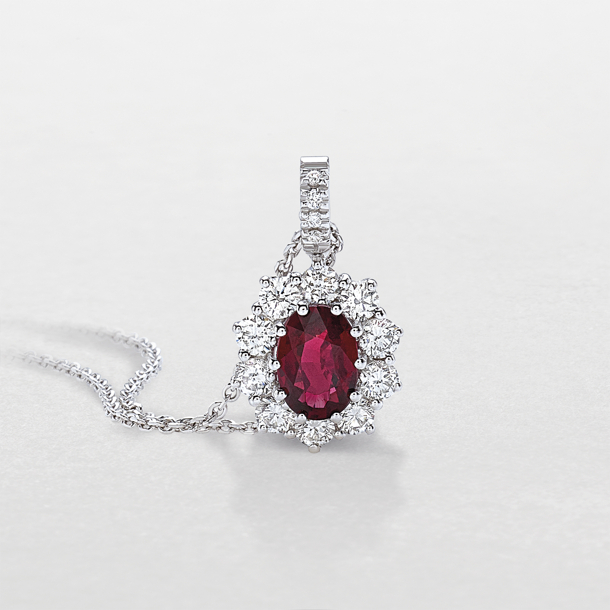 white gold with diamonds and ruby necklace