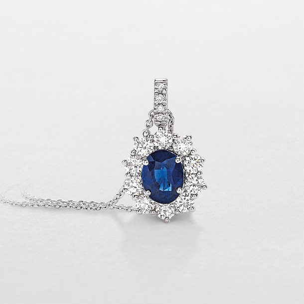 white gold with diamonds and sapphire necklace