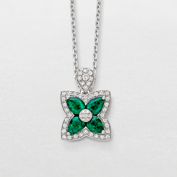 white gold with diamonds and emeralds necklace