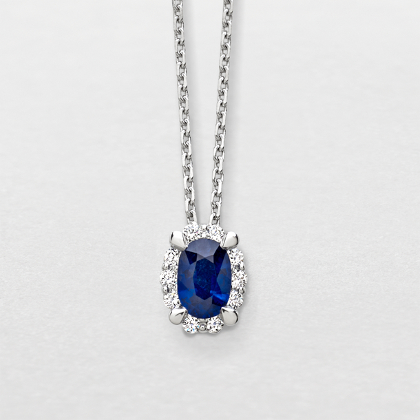 white gold with diamonds and sapphire necklace