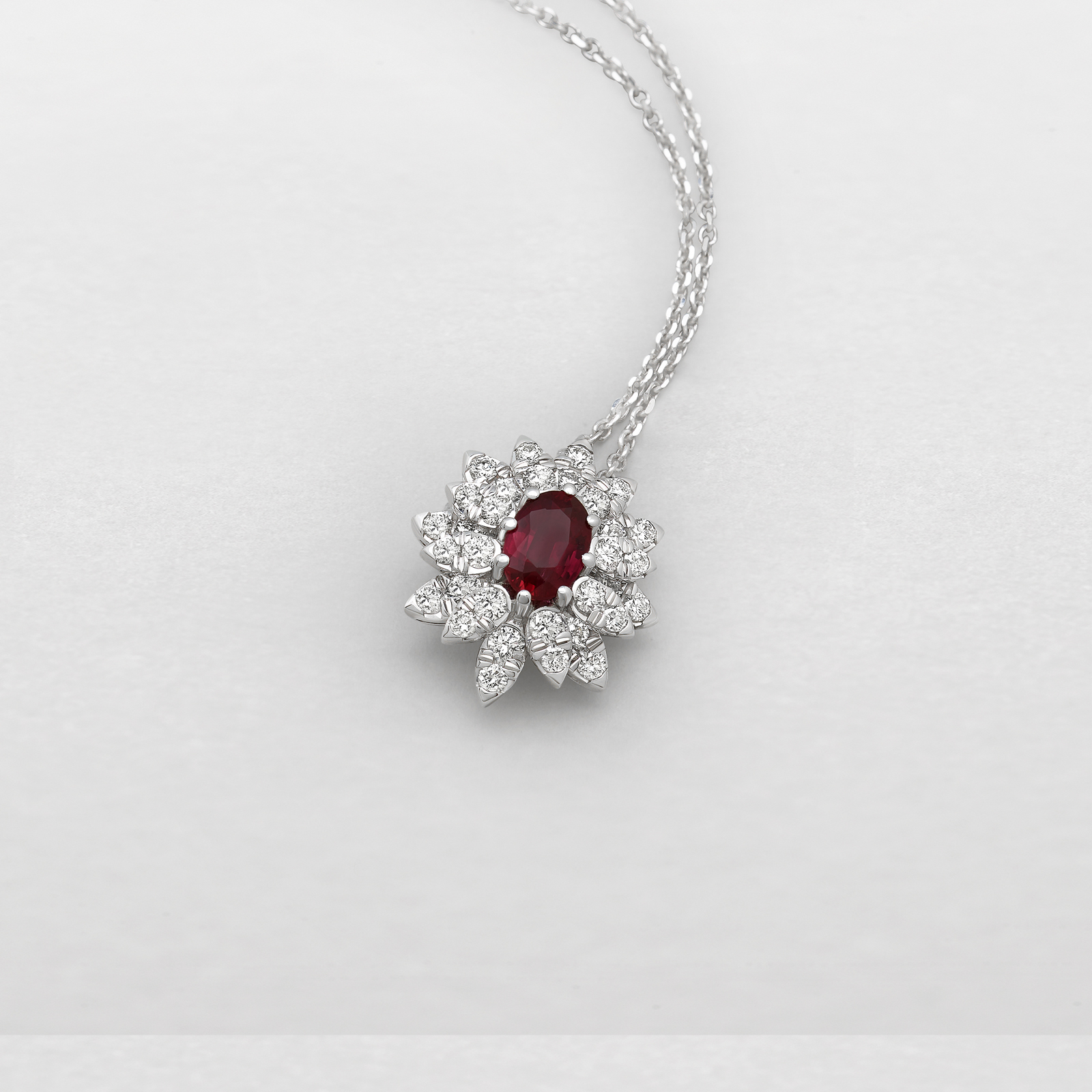 white gold with diamonds and ruby necklace