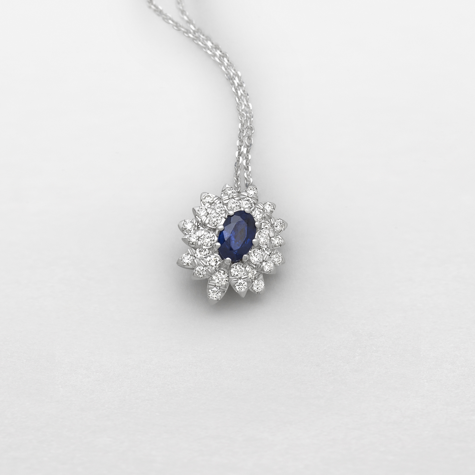 white gold with diamonds and sapphire necklace