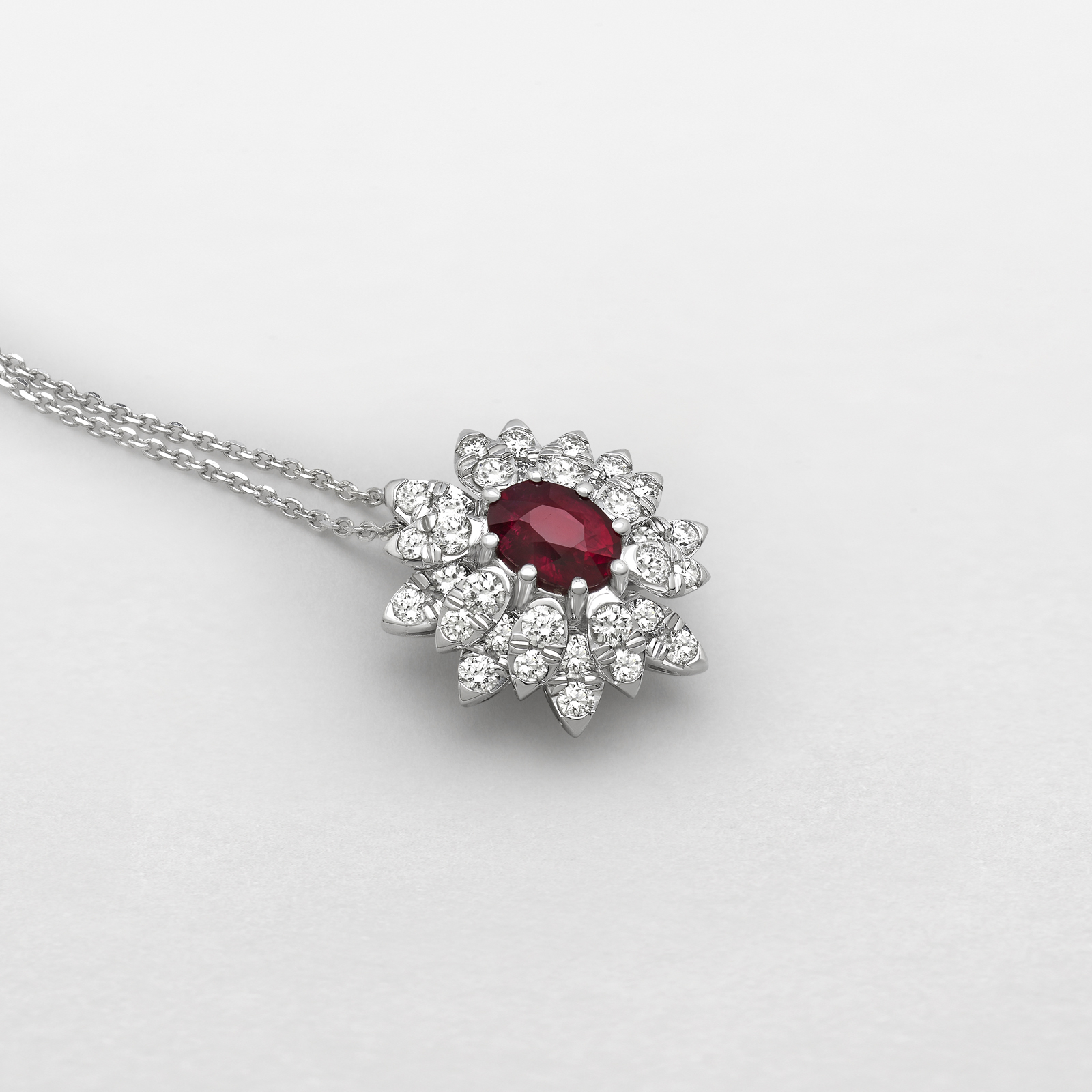 white gold with diamonds and ruby necklace