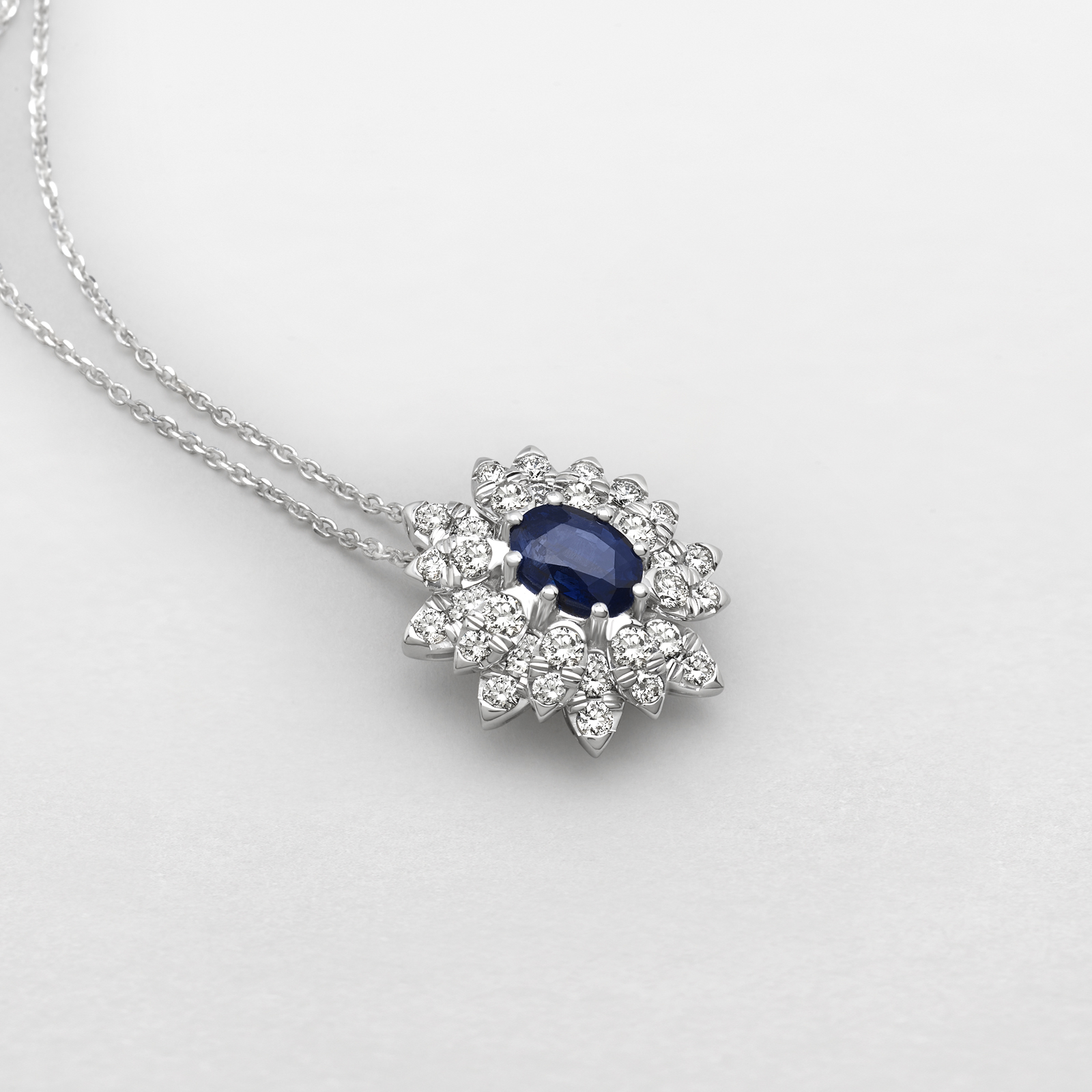 white gold with diamonds and sapphire necklace