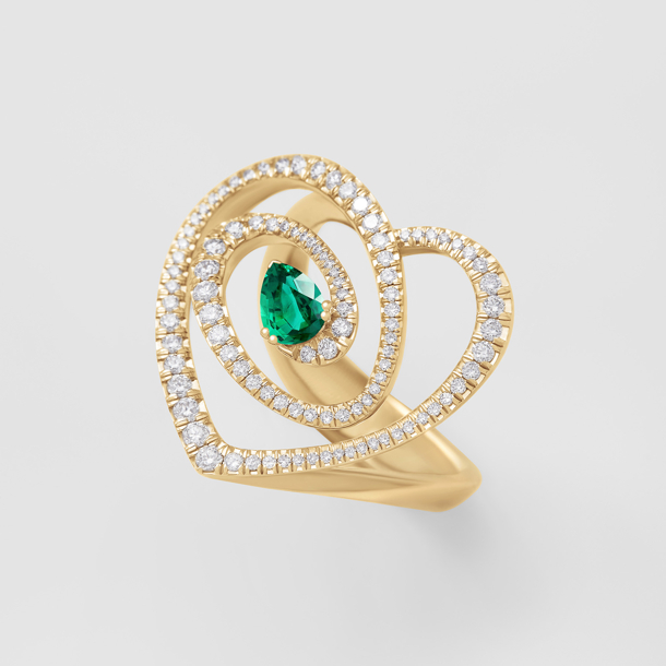 anello in oro rosa, diamanti e smeraldo