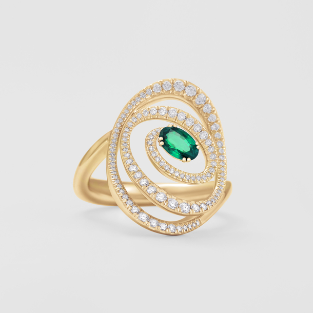 anello in oro rosa, diamanti e smeraldo