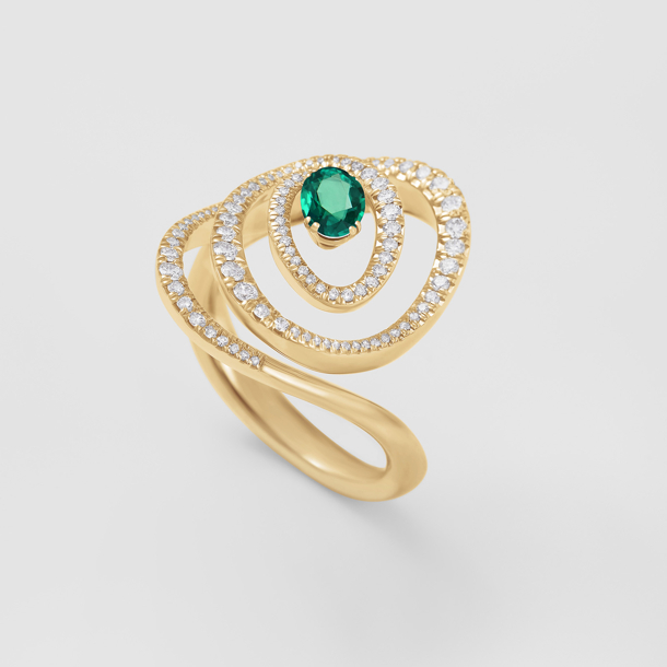 anello in oro rosa, diamanti e smeraldo