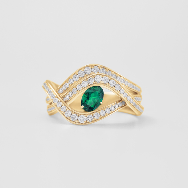 anello in oro rosa, diamanti e smeraldo