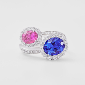 anello in oro bianco, diamanti, zaffiro rosa e tanzanite