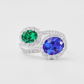 white gold with diamonds, emerald and tanzanite ring