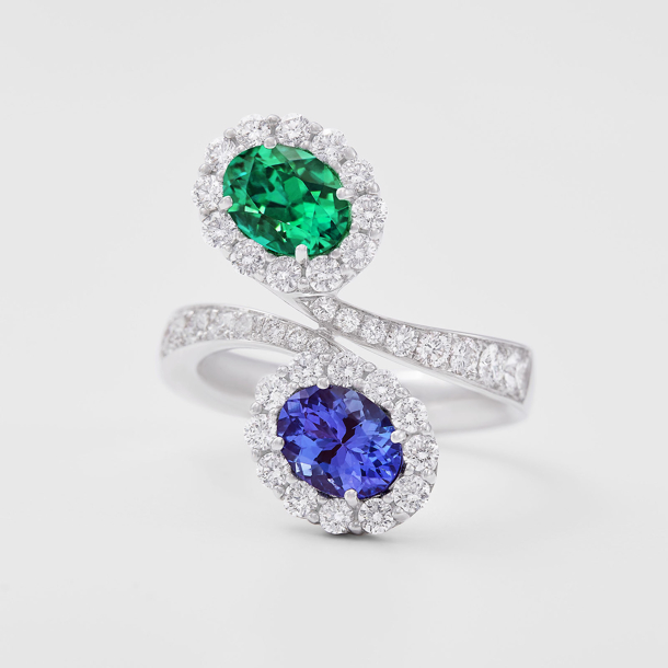 white gold with diamonds, emerald and tanzanite ring