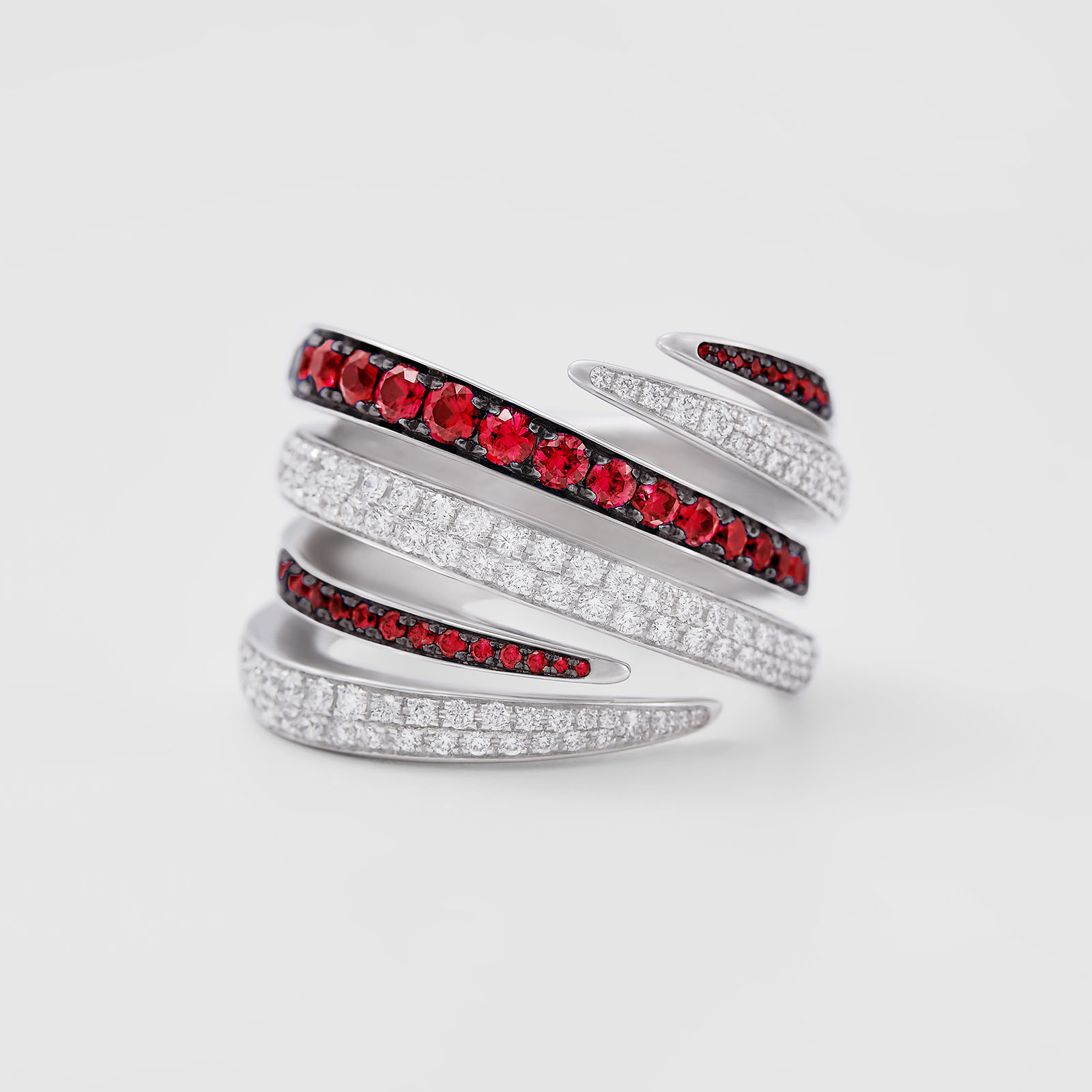 white gold with diamonds and rubies ring