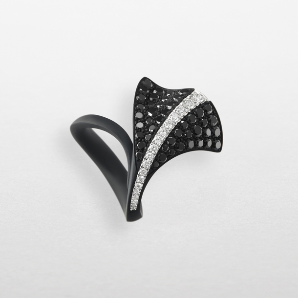 Ring in black titanium, white gold and diamonds