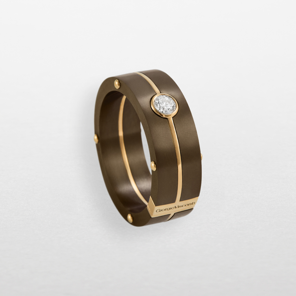anello in titanio chocolate, oro rosa e diamante