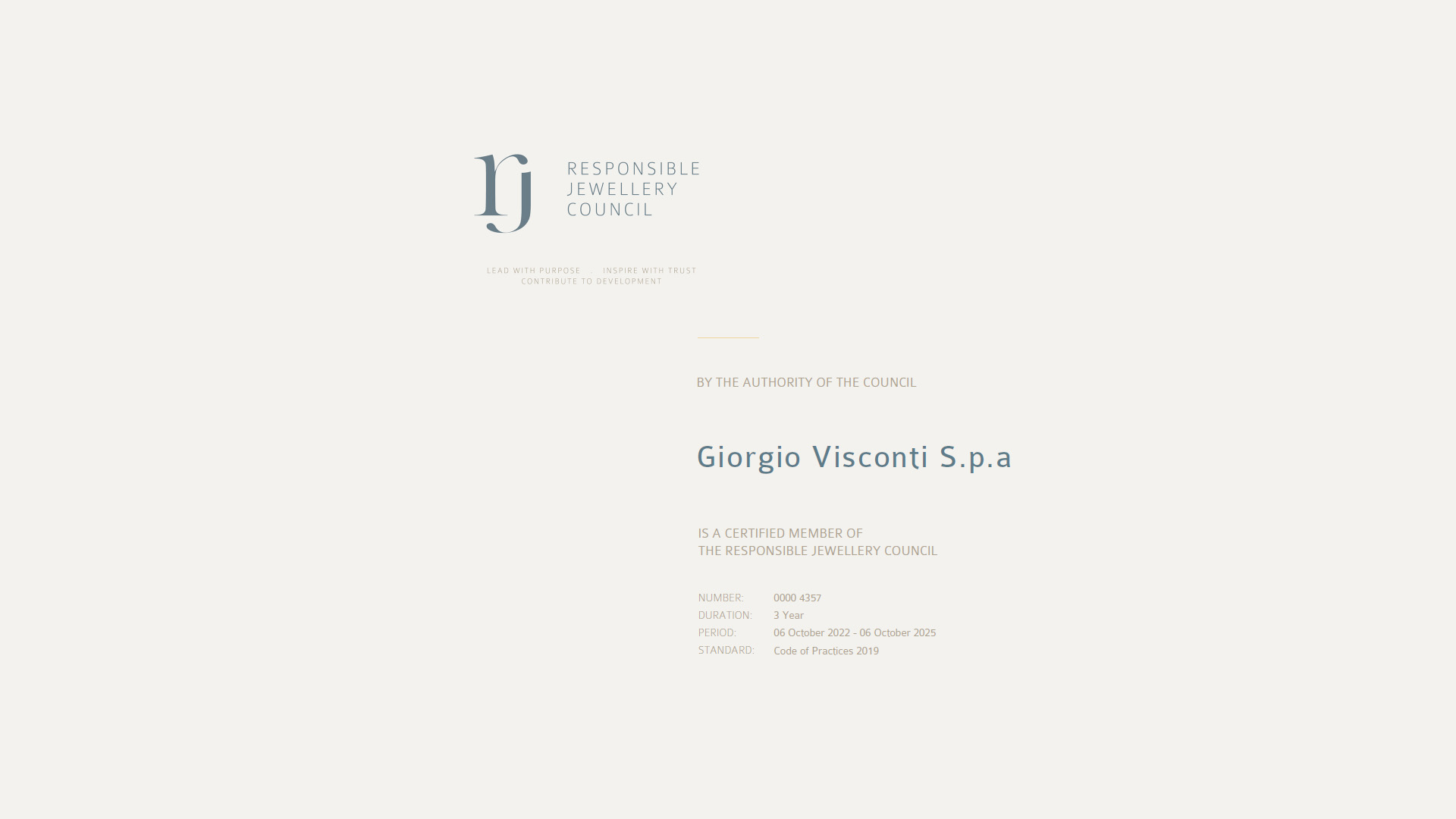 Estratto del certificato RJC COP ottenuto dal marchio di gioielli Giorgio Visconti 