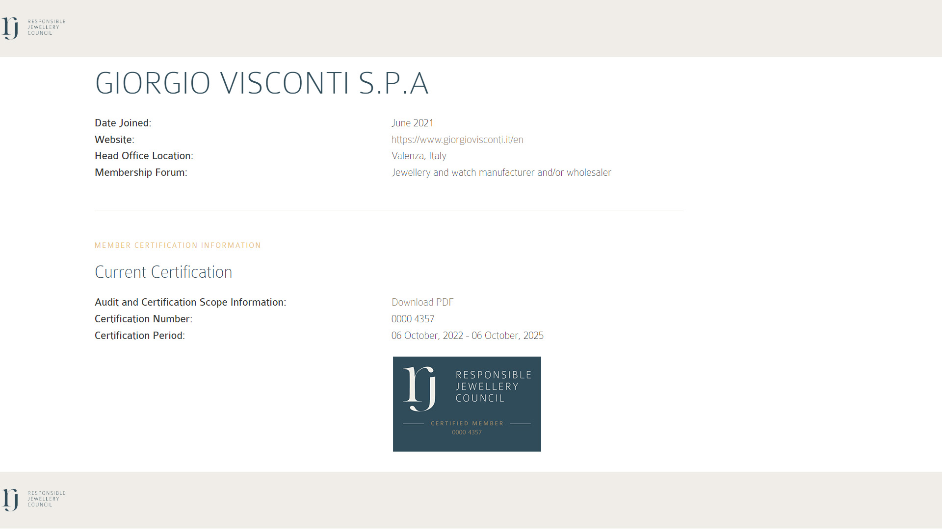 Responsible Jewellery Council (RJC): Code of Practices (COP) - certifificazione ottenuta da Giorgio Visconti