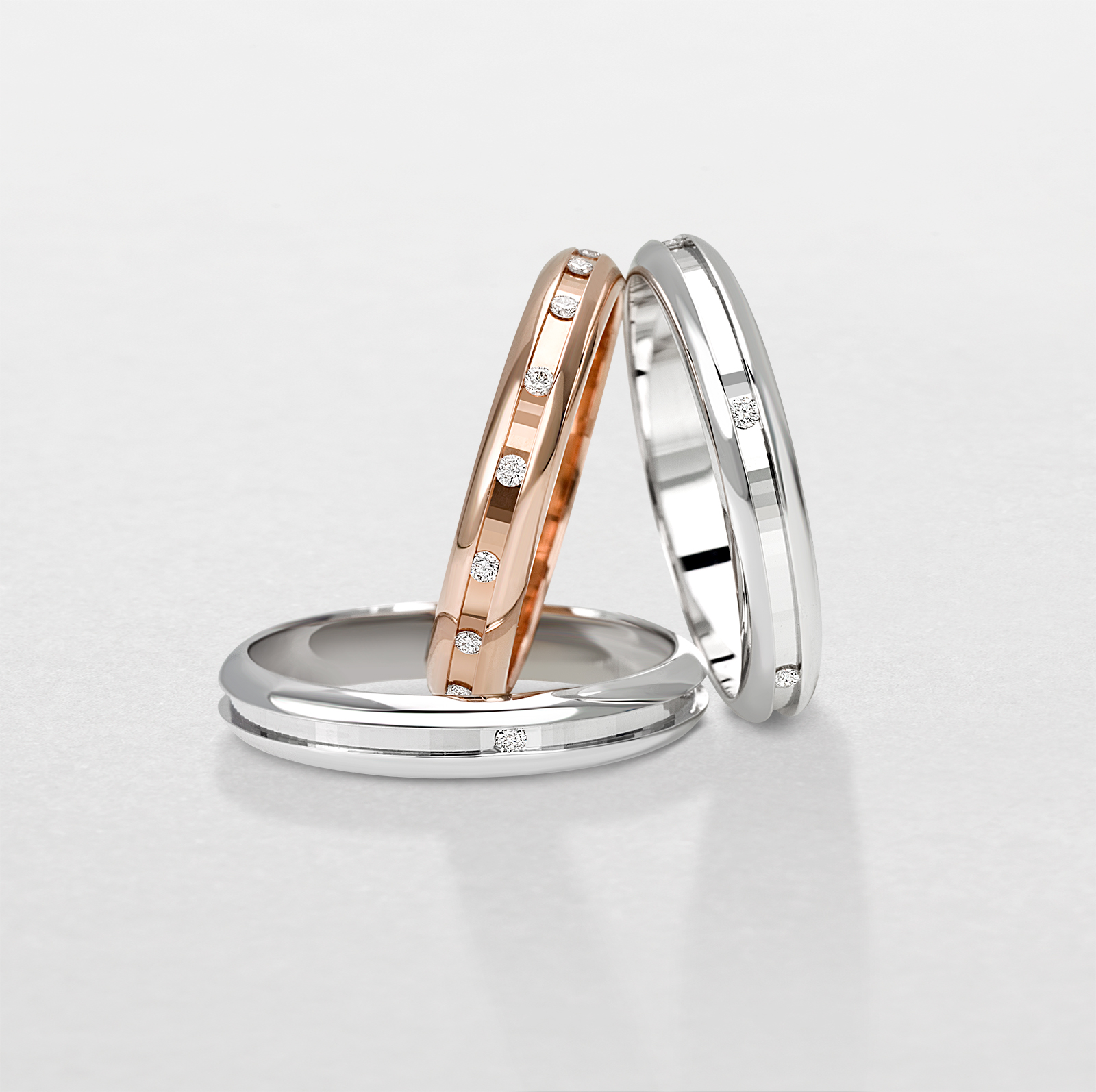 Fede nuaziale in oro rosa, oro bianco con diamanti taglio brillante
