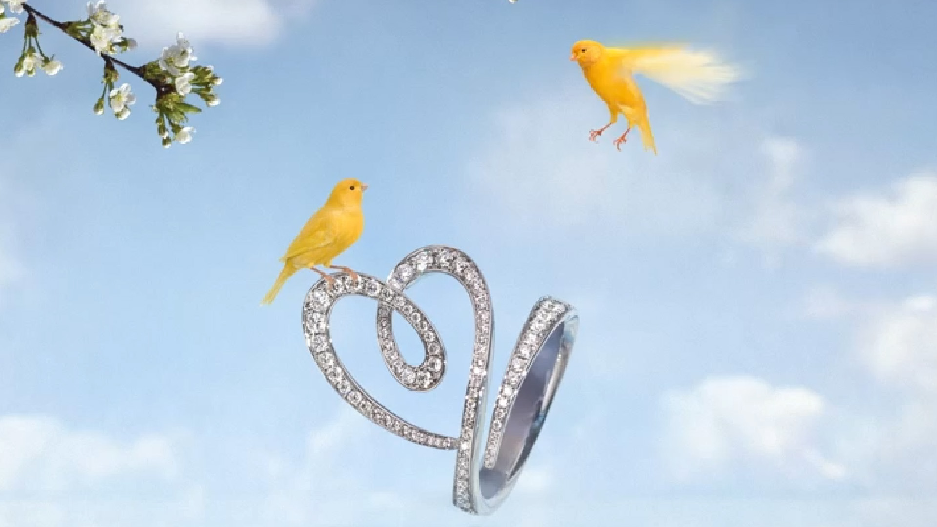 Anello a forma di cuore, una linea continua in oro bianco e diamanti. Gioielli per donne giovani e romantiche