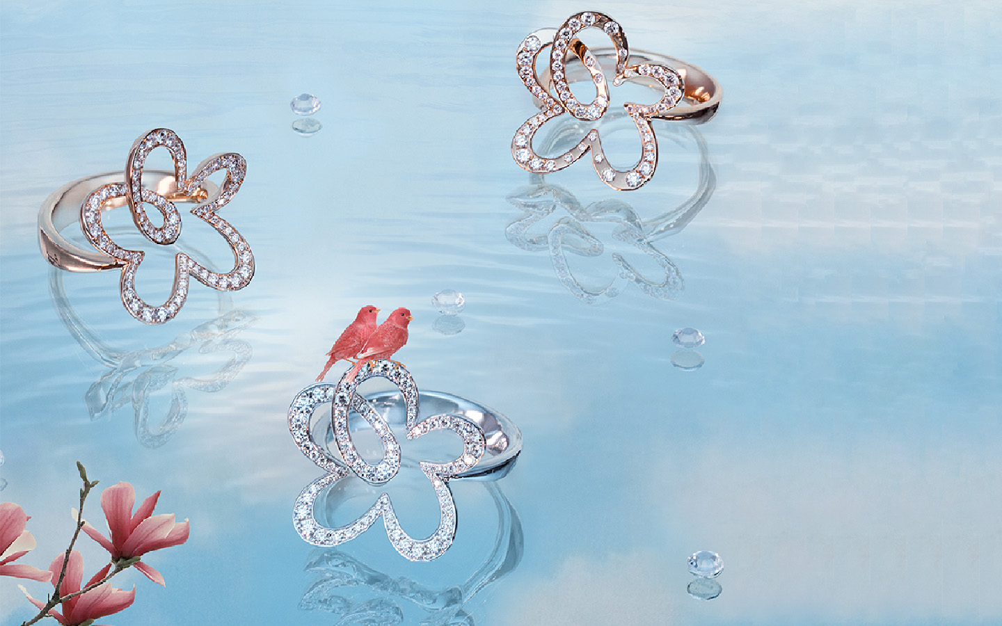 La forma del fiore è la protagonista dell'anello Antologie in oro bianco, rosa e diamanti