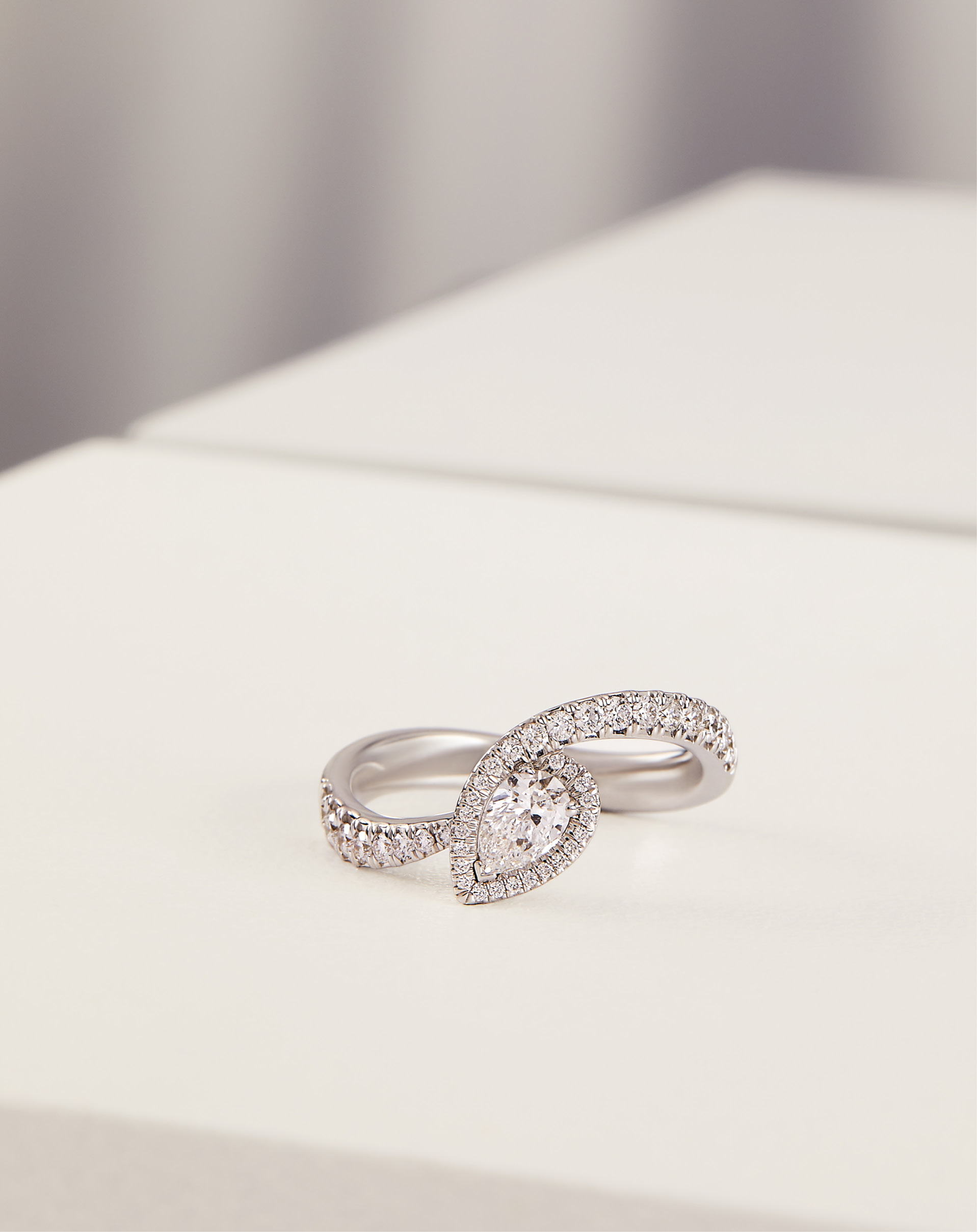 Photo still life: Ring Like Me Collection. AB16956 white gold and pear shaped diamonds ring