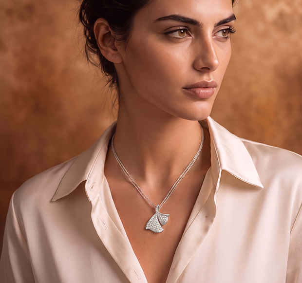 Modella indossa girocollo Ginkgo da donna in oro rosa e oro bianco con diamanti taglio brillante – Giorgio Visconti